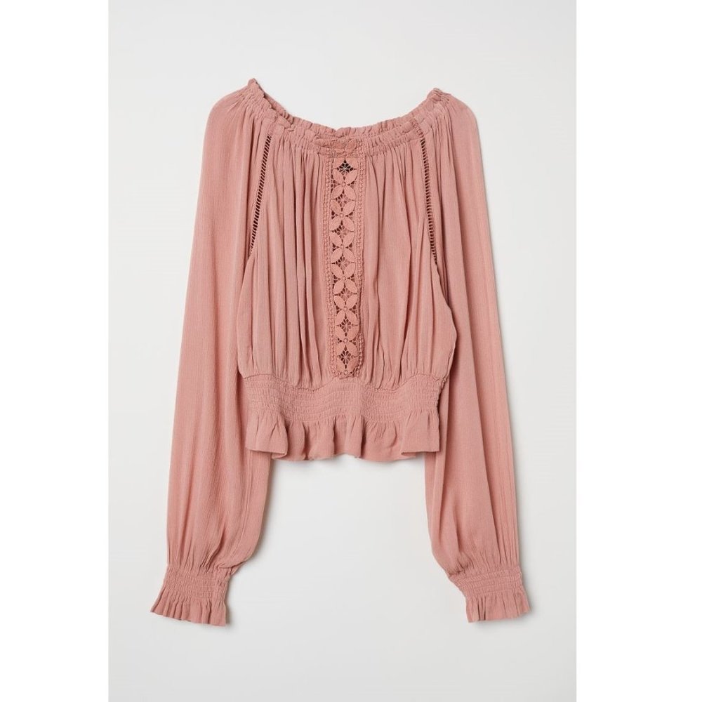 H&M Pink Ruffle Off Shoulder Lace Cropped Blouse Peasant Top | Size 4